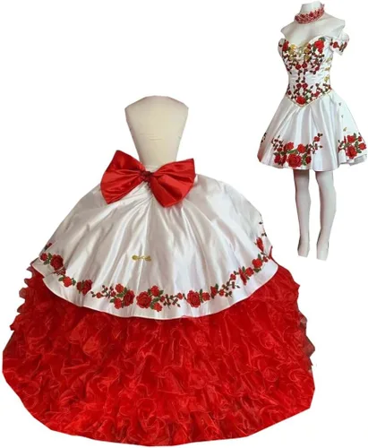 Vista 3 de Adorno dorado 2026 Flores africanas rojas bordadas 2 en 1 vestido de fiesta vestidos de quinceañera fuera del hombro baile de graduación dulce 15 16