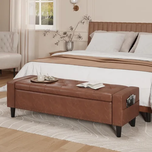 Vista 13 de Banco otomano de almacenamiento de 60 pulgadas, banco de cama tapizado de Blanco crema
