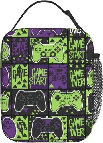 Vista 2 de Bolsa de almuerzo aislada con control de juegos morado y verde para adultos, mujeres y hombres, a prueba de fugas con asa de hebilla desmontable 8