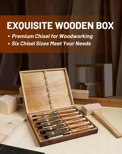 Vista 3 de EZARC Juego de herramientas de cincel de madera de 6 piezas, kit de cincel de tallado de carpintería con estuche de madera prémium para carpintero