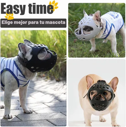Vista 6 de Bozal corto para perro – Bozal ajustable de silicona suave para bulldog con cara plana, máscara transpirable para perro para morder, masticar