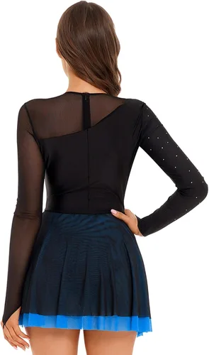 Vista 5 de Vestido de patinaje sobre hielo artístico para mujer, malla de retazos, uniformes de baile mayoreta, leotardos de ballet