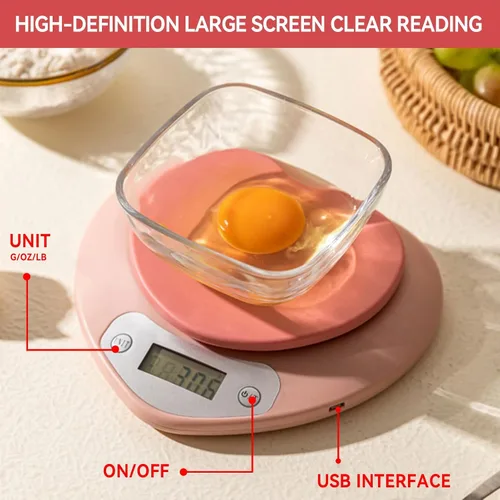 Vista 4 de Linda báscula de alimentos, báscula digital en forma de corazón con pantalla LCD recargable para cocinar, hornear, pesar alimentos [0.04 oz/11.0 lbs]