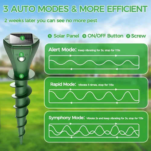 Vista 3 de Repelente de topos alimentado por energía solar, repelente de topos, repelente de marmotas para exteriores, repelente ultrasónico impermeable IP65