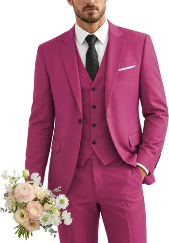 Vista 33 de Traje de 3 piezas para hombre con corbata, chaleco sólido de un botón y beige (529-beige)