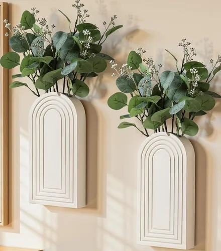 Vista 17 de DREAMLOOM Paquete de 2 jarrones de pared de madera con plantas artificiales de eucalipto, macetas para colgar en la pared, estilo bohemio y moderno
