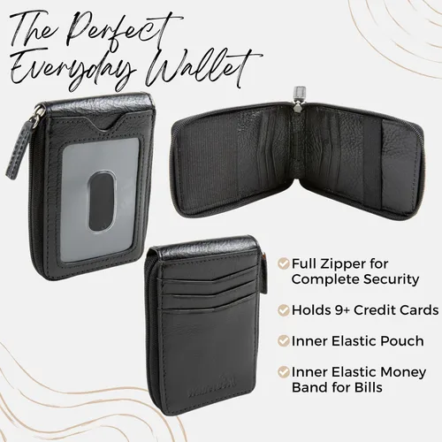 Vista 3 de Cartera RFID con bolsillo con cremallera para hombre, Negro -, Bolsillo frontal con cremallera ID exterior