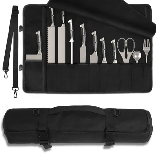Vista 9 de lelezone Bolsa enrollable para cuchillos de chef, resistente al agua, funda de lona encerada para cuchillos, bolsas enrollables para chefs