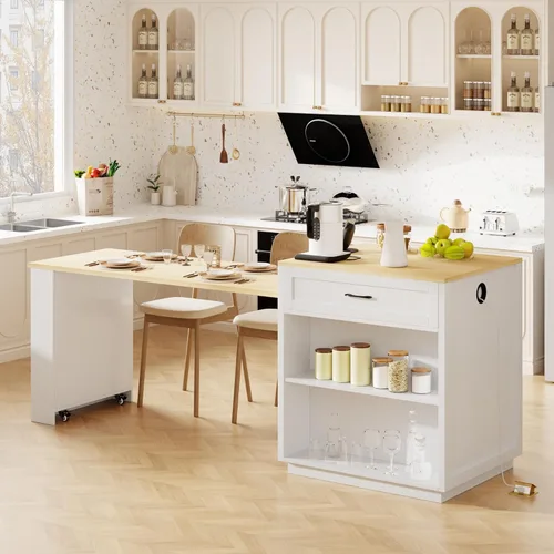 Vista 18 de RUNNA Isla de cocina acanalada de 82.6 pulgadas con mesa de comedor extensible para 4-6, mesa de isla para cocina con toma de corriente, mesa