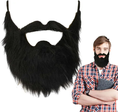 Vista 2 de AQWAL Barba falsa para fiesta, divertida barba falsa en la espalda, pelo facial bigote, barba falsa de cabello negro, peluca de bigote de barba