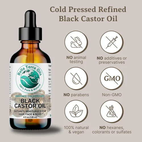 Vista 4 de Bella Terra Oils - Aceite de ricino negro jamaicano 4 oz - Puro y auténtico, lleno de ácido ricinoleico, eleva tu régimen de belleza