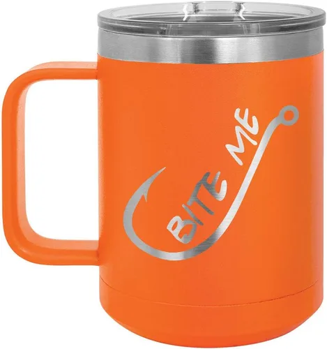 Vista 6 de BITE ME Negro 15 oz Taza de café w/tapa deslizante Taza de café de viaje aislada Ideas de regalos de cumpleaños o Navidad de mujeres u hombres