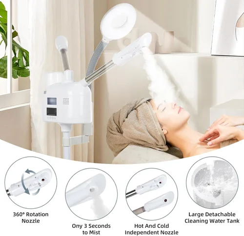 Vista 3 de VARIPOWDER Vaporizador facial profesional 3 en 1 para cara con boquilla caliente y fría, lámpara de aumento 5X, vaporizador facial para esteticista