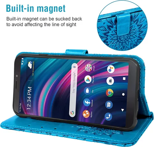 Vista 3 de Asuwish Funda para teléfono BLU View 3 B140DL con protector de pantalla de vidrio templado y piel de girasol, delgada, soporte para tarjetas Azul