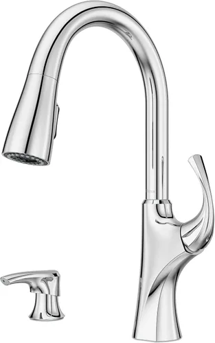 Vista 15 de Pfister Miri 2.0 Llave de cocina con rociador extraíble y dispensador de jabón, de un solo mango, arco alto, certificada por NSF, acabado en oro Oro