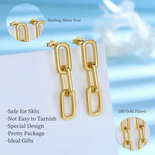 Vista 7 de Aretes de cadena de oro Aretes colgantes de plata de ley 925 con eslabones de cadena de clip Regalo para mujer