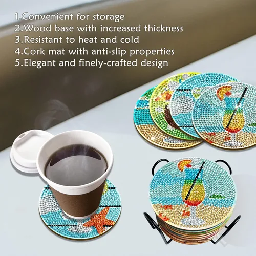Vista 6 de CasaPopz Juego de 8 posavasos de arte de diamante con soporte para adultos, kits de posavasos de arte de diamantes antideslizantes para mujeres