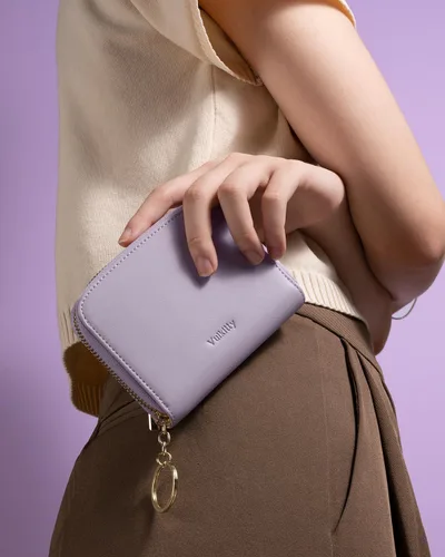 Vista 5 de Vulkitty Cartera pequeña para mujer con bloqueo RFID con cremallera alrededor de la funda triple compacta de cuero para tarjetas con bolsillo