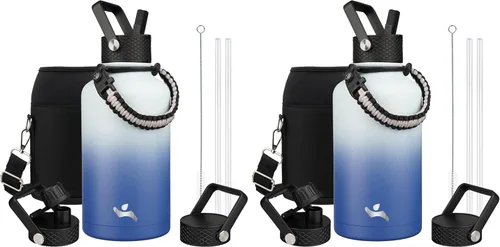 Vista 110 de Konokyo - Botella de agua aislada de 18 onzas, botellas deportivas de acero inoxidable con 3 tapas, verde militar