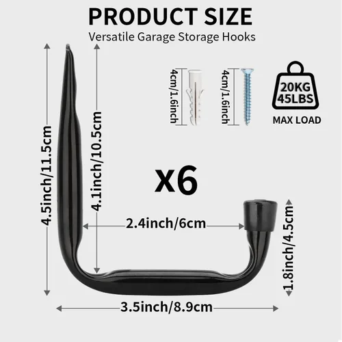 Vista 2 de Ganchos de almacenamiento de garaje, perchas de utilidad en J resistentes para montaje en pared
