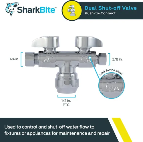 Vista 2 de SharkBite Válvula de bola de latón de un cuarto de vuelta de doble cierre, empuje de 1/2 pulgada para conectar x compresión de OD de 3/8 pulgadas x