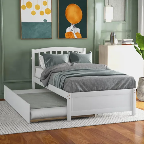 Vista 9 de Cama individual con nido, marco de cama de plataforma de madera con cabecera y estribo para dormitorio, espacio de vida pequeño, no necesita somier