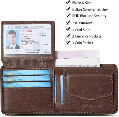 Vista 3 de BOSTANTEN Billeteras de piel auténtica para hombre con bloqueo RFID y 2 ventanas de identificación