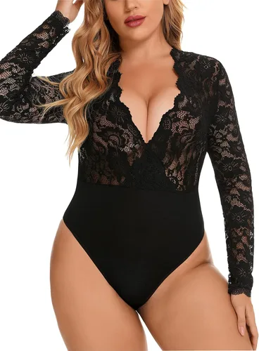 Vista 2 de Gladiolus Body de encaje para mujer, talla grande, sexy, con escote en V profundo, a presión, de manga larga, L-XXXL