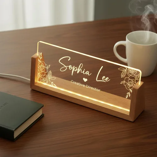 Vista 5 de Noni Placa de identificación LED personalizada para escritorio, placa de identificación de escritorio de acrílico iluminada con base de madera