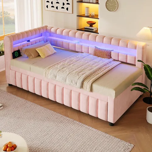 Vista 5 de Polibi Sofá cama tapizado individual XL a King con nido extraíble, luces LED y puertos USB, marco de cama con plataforma de listones de madera