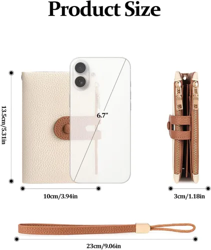 Vista 3 de FALAN MULE Cartera pequeña de cuero para mujer, con bloqueo RFID, tarjetero plegable con bolsillos dobles con cremallera, Blanco y marrón, Compacto