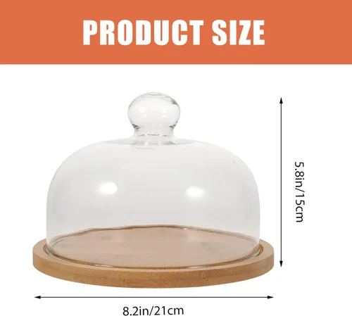 Vista 3 de DOITOOL Cúpula de vidrio con base de madera, soporte de vidrio para tartas, cúpula de cristal, cubierta de tarro de cristal transparente para postre