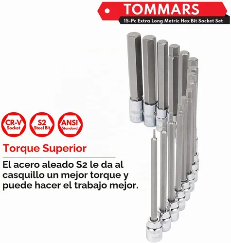 Vista 6 de TOMMARS Juego de llaves de vaso con broca hexagonal larga métrica de 15 piezas, juego de vasos extra largos S2 de acero de aleación 3/8", 1/2
