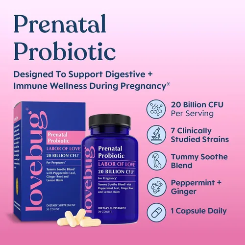 Vista 2 de LOVEBUG Probiótico prenatal Ayuda con las náuseas, la acidez estomacal y la digestión Ayuda al microbioma del bebé Variedad múltiple de 20 mil