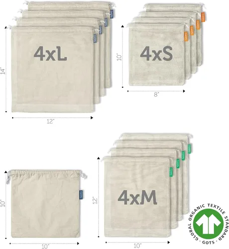 Vista 2 de 12+1 bolsas reutilizables para productos alimenticios, lavables, bolsas de malla de algodón orgánico, doble costura y peso de tara, bolsas de malla