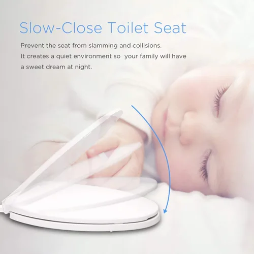 Vista 4 de Asiento de inodoro alargado WSSROGY con tapa de cierre suave, fácil de instalar, plástico, blanco, adecuado para inodoros alargados u ovalados