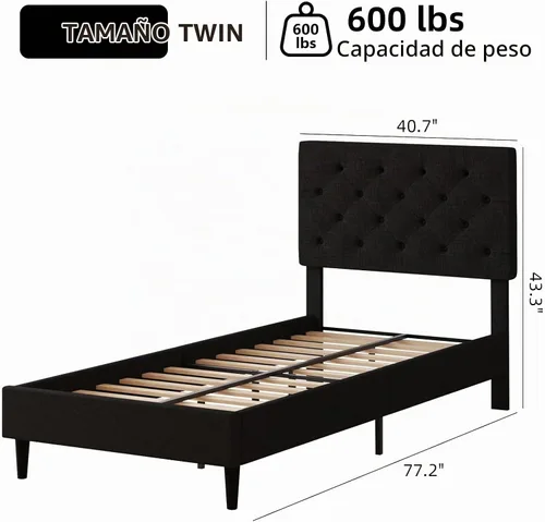 Vista 2 de HOMBCK Base de cama de tamaño individual con cabecera, base de cama tapizada con plataforma de lino para niños, base de cama de tamaño individual