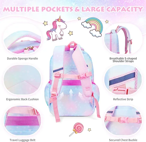 Vista 5 de Mochila para niñas, mochilas escolares de 16 pulgadas para niñas, bonita bolsa de libros para niñas, niños, estudiantes, escuela primaria, Azul