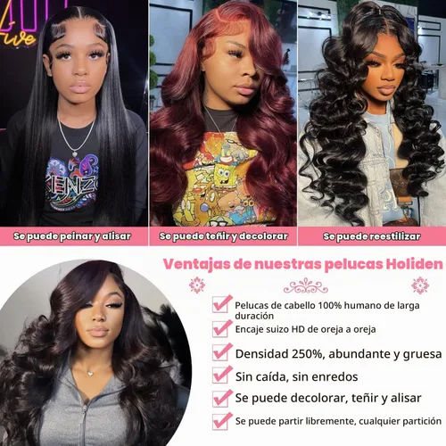 Vista 5 de Holiden Pelucas de cabello humano ondulado con encaje frontal, prearrancado, 100 % cabello humano real, densidad 250, 13 x 5, pelucas frontales
