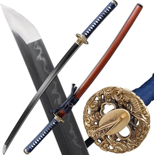 Vista 10 de Espada Katana Samurai, templada en arcilla, acero T10, Hamon real, espada completa Full Tang, hecha a mano, samurái, extremadamente afilada Tema