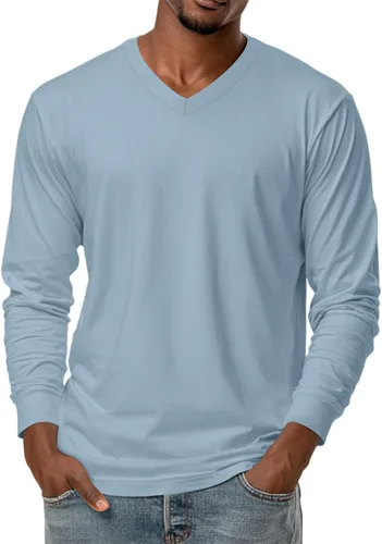Vista 17 de Camiseta para hombre, manga larga, cuello en V, color liso, informal, básica, suave, elástica, M-3XL