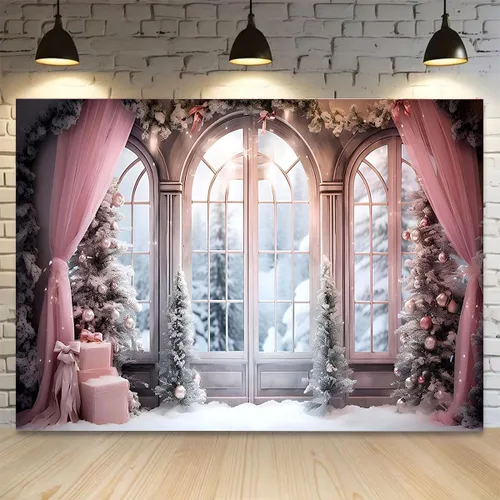 Vista 2 de Cortina rosa de invierno, fondo fotográfico de Navidad, invierno, nieve, bosque, ventana, fondo de fotografía, decoración de fiesta familiar, baby