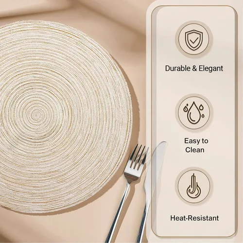 Vista 3 de AHHFSMEI Juego de 6 manteles individuales redondos trenzados para mesas de comedor, tejidos naturales, resistentes al calor, 15 pulgadas (beige)