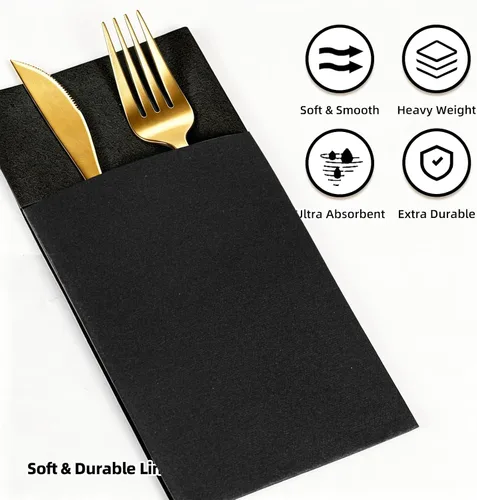 Vista 5 de KAMMAK Servilletas negras desechables con bolsillo, paquete de 50 servilletas de papel de lino preplegadas para decoración de fiestas, decoración