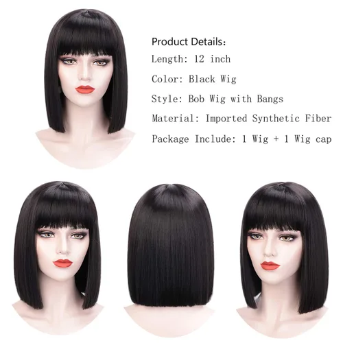 Vista 2 de Pelucas estilo melena corta para las mujeres, corto recto, linda peluca natural, resistente al calor, sintética, pelucas para fiesta, uso diario