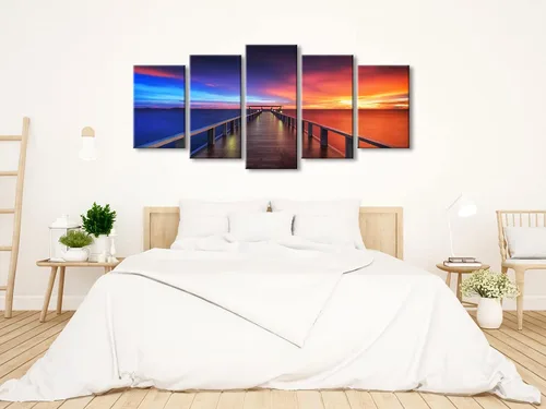 Vista 4 de Pyradecor 5 paneles tamaño XL atardecer, puente, impresiones en lona HD, paisajes del mar, arte en lona, paisajes para el hogar, decoración