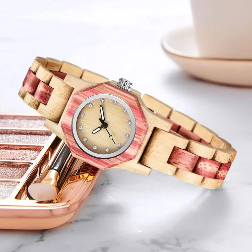 Vista 2 de Reloj de madera para mujer con correa de madera de cuarzo, analógico, colorido, relojes de madera de bambú para mujer, BS-WM01-MADERA