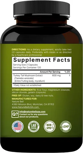 Vista 7 de NatureBell Cápsulas de extracto de hongo de cola de pavo, 600 mg por porción, 240