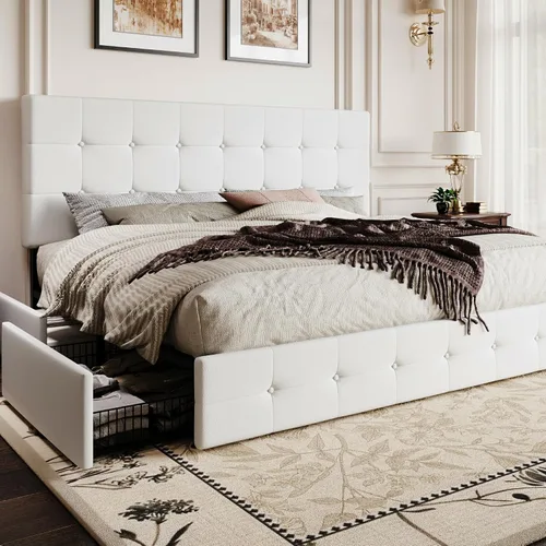 Vista 34 de SHA CERLIN Base de cama de plataforma tamaño matrimonial tapizada con 4 cajones de almacenamiento, cabecero ajustable con diseño cosido en cuadrados