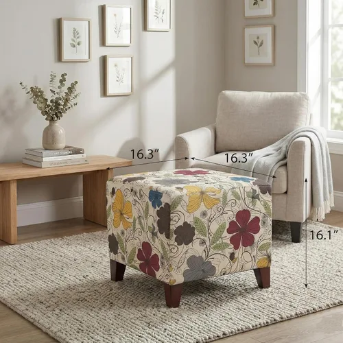 Vista 3 de Joveco Reposapiés otomano cuadrado de 16.3 pulgadas, moderno taburete de tela de lino floral con patas de madera maciza, banco de zapatos tapizado